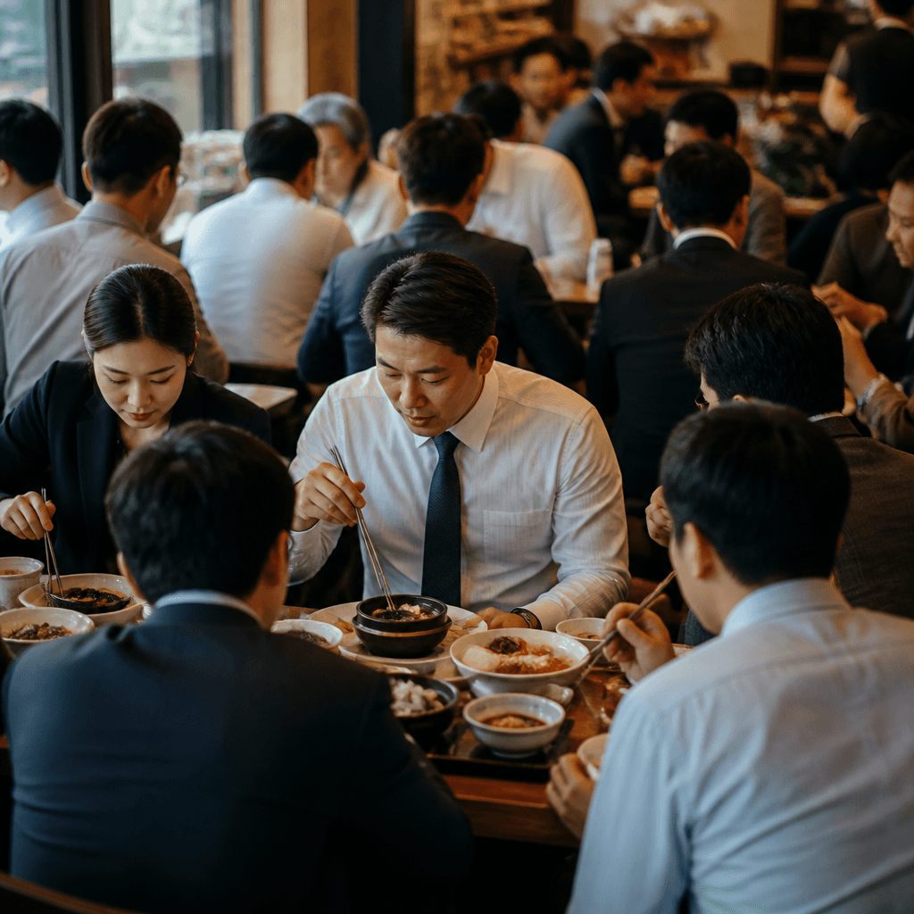 서울 점심 시간 직장인들로 붐비는 식당 내부 장면