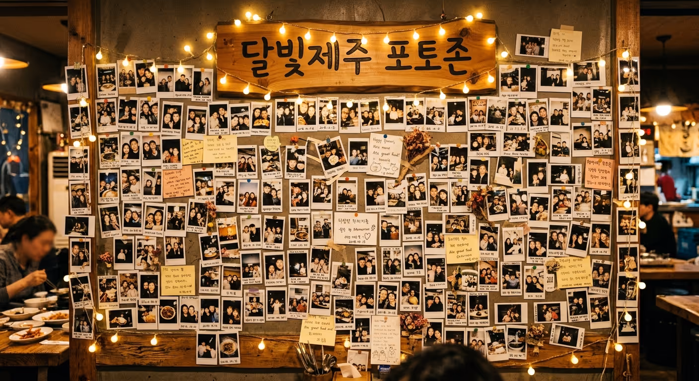달빛제주 포토존 벽면에 가득한 폴라로이드 사진과 손님 메시지