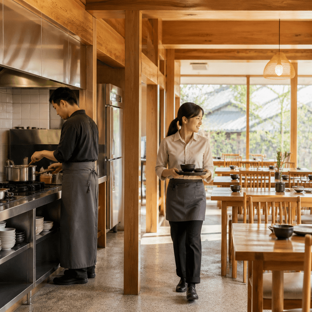 오픈 주방에서 조리사는 전신 작업복을, 홀 직원은 허리 작업복을 두르고 일하는 밝은 식당 (컨셉 이미지)