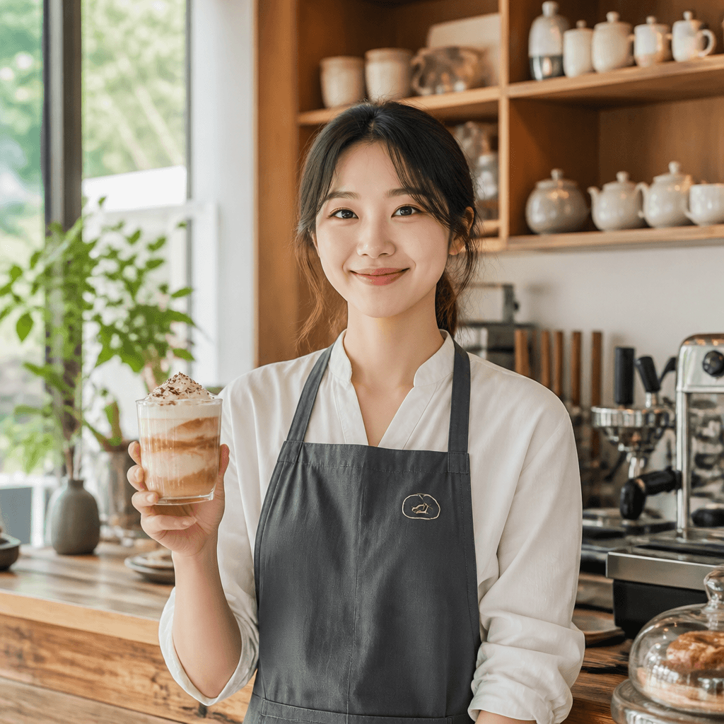 카페 사장님이 대표 메뉴를 들고 서 있고 가슴에 작은 자수 장식이 있는 작업복이 보이는 상반신 장면 (컨셉 이미지)