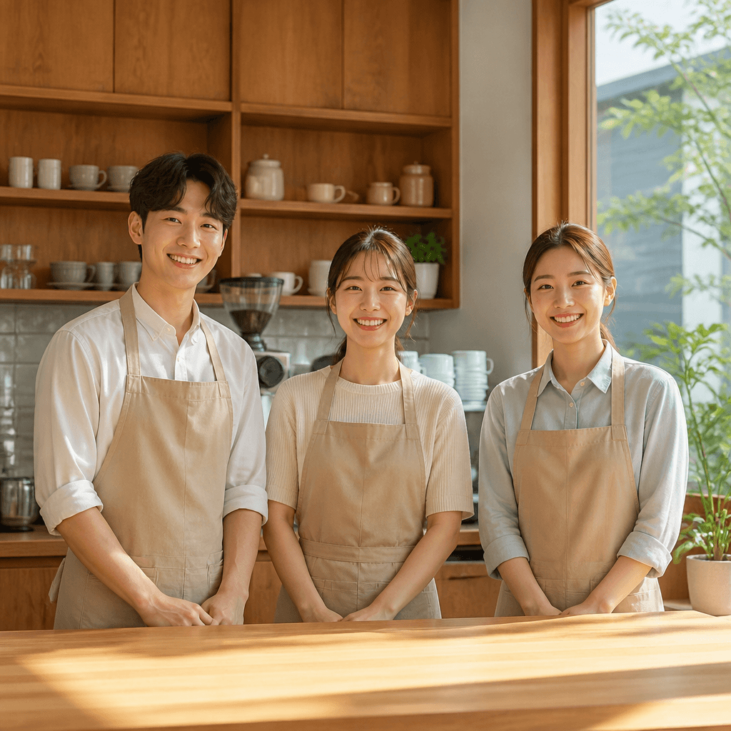 오픈 전 카페 직원들이 같은 색 작업복을 입고 바 앞에 나란히 서서 하루를 준비하는 모습 (컨셉 이미지)