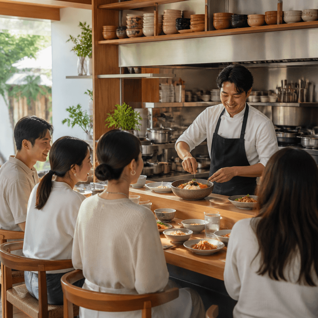 밝은 오픈 키친에서 조리하는 셰프와 카운터 너머로 바라보는 손님들