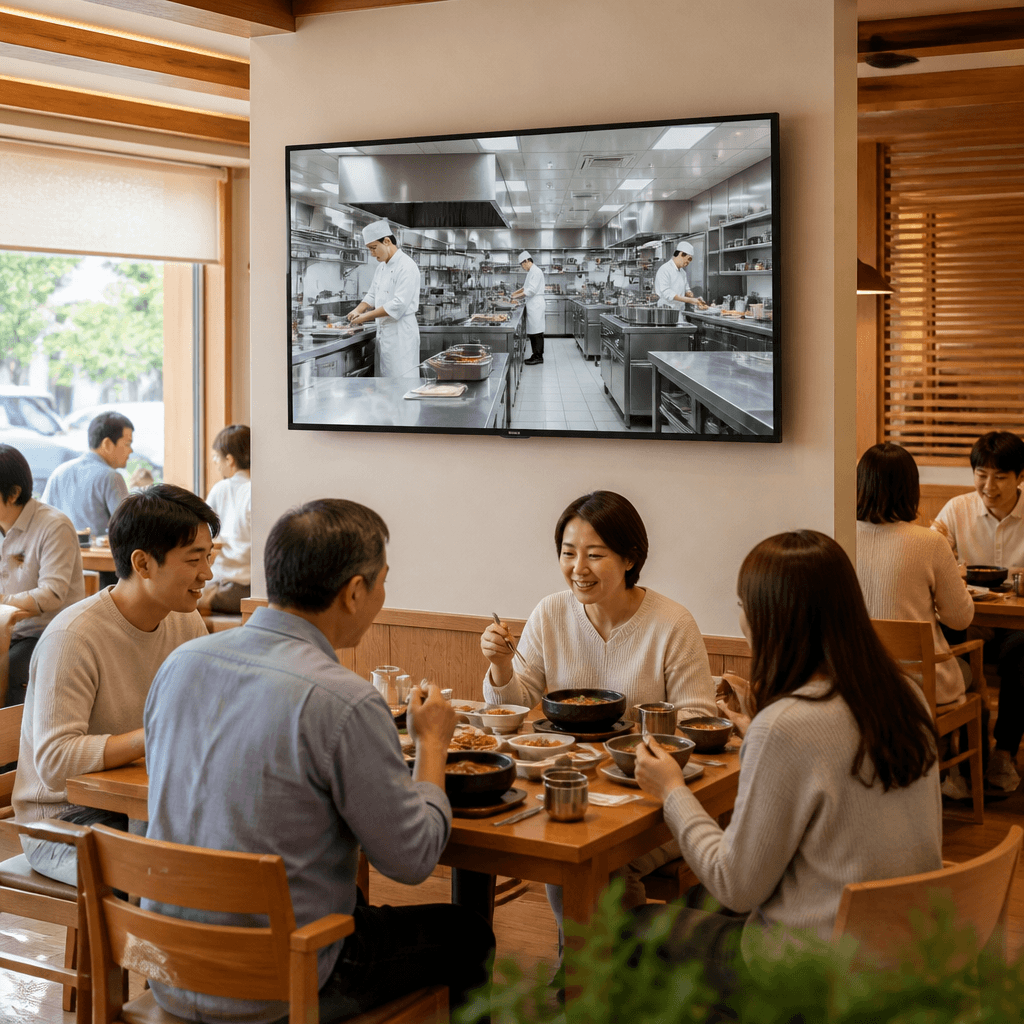 식당 홀 벽면 모니터에 깨끗한 조리장 내부 영상이 비치고 손님들이 식사하는 모습 (컨셉 이미지)