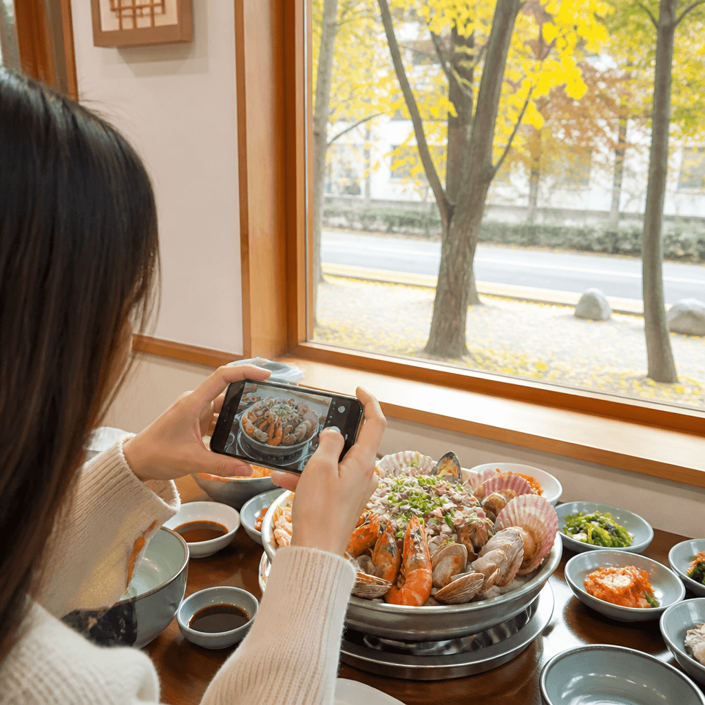 가을 제철 해산물 요리를 스마트폰으로 검색하고 촬영하는 손님의 모습 (컨셉 이미지)