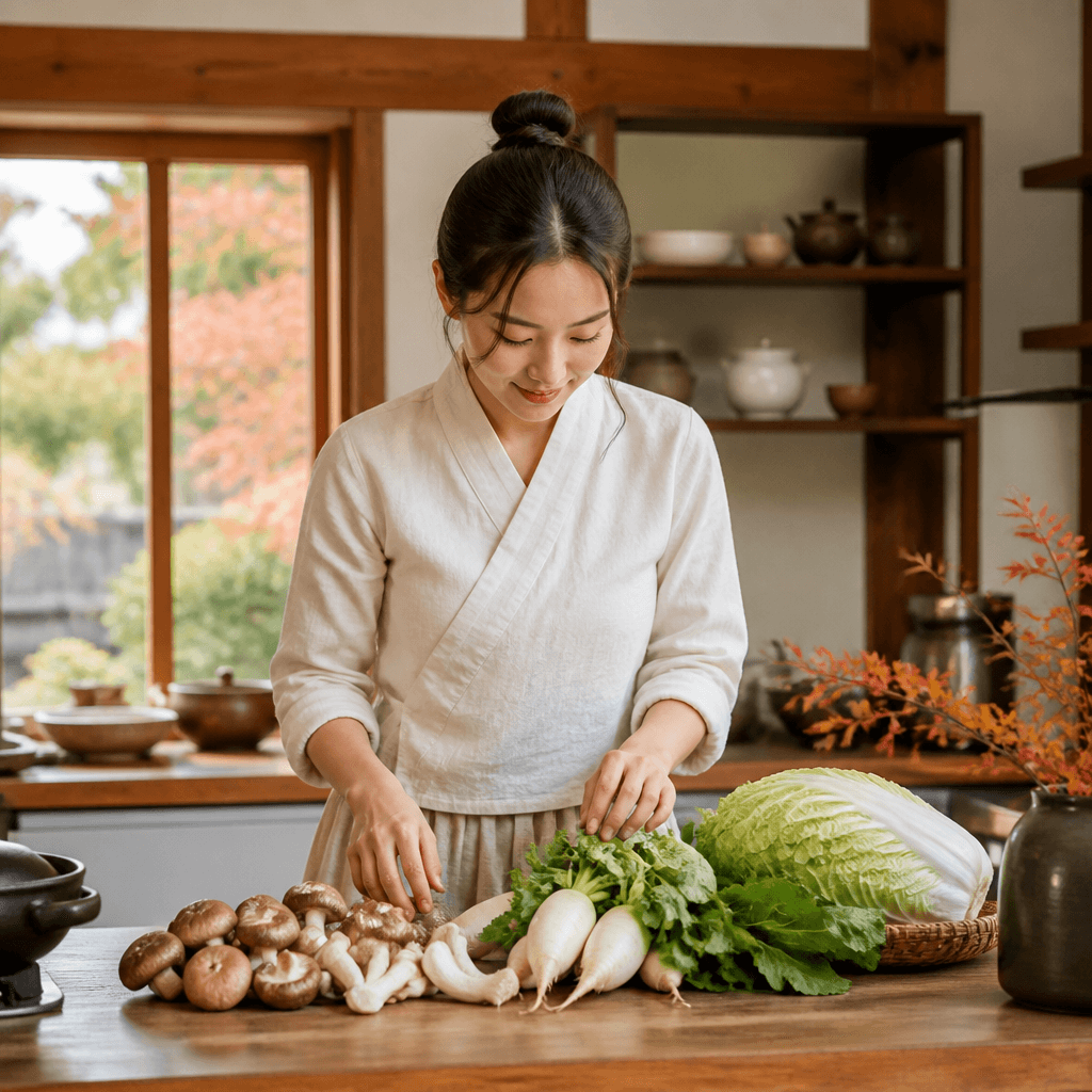 따뜻한 우드톤 주방에서 가을 재료로 계절 한정 메뉴를 준비하는 모습 (컨셉 이미지)