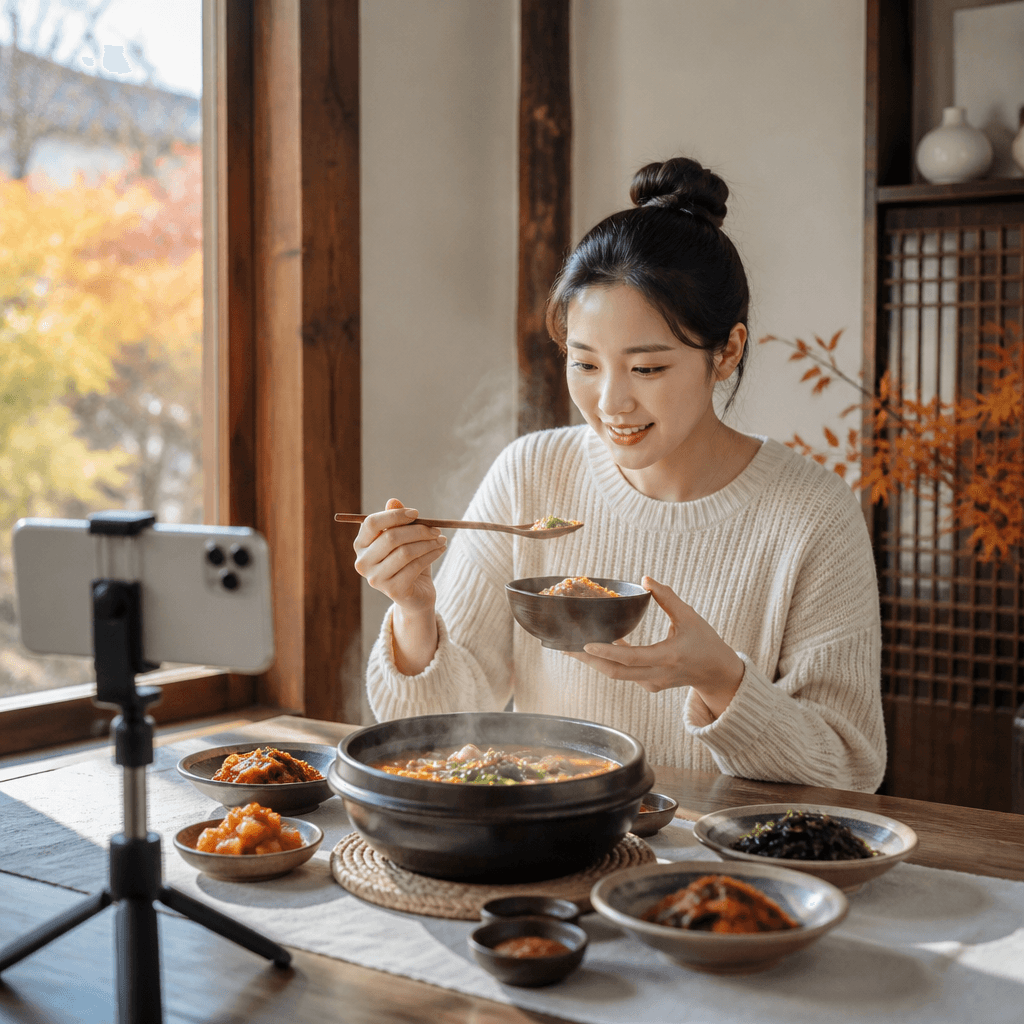 밝은 자연광 아래에서 가을 음식 숏폼 영상을 촬영하는 장면 (컨셉 이미지)