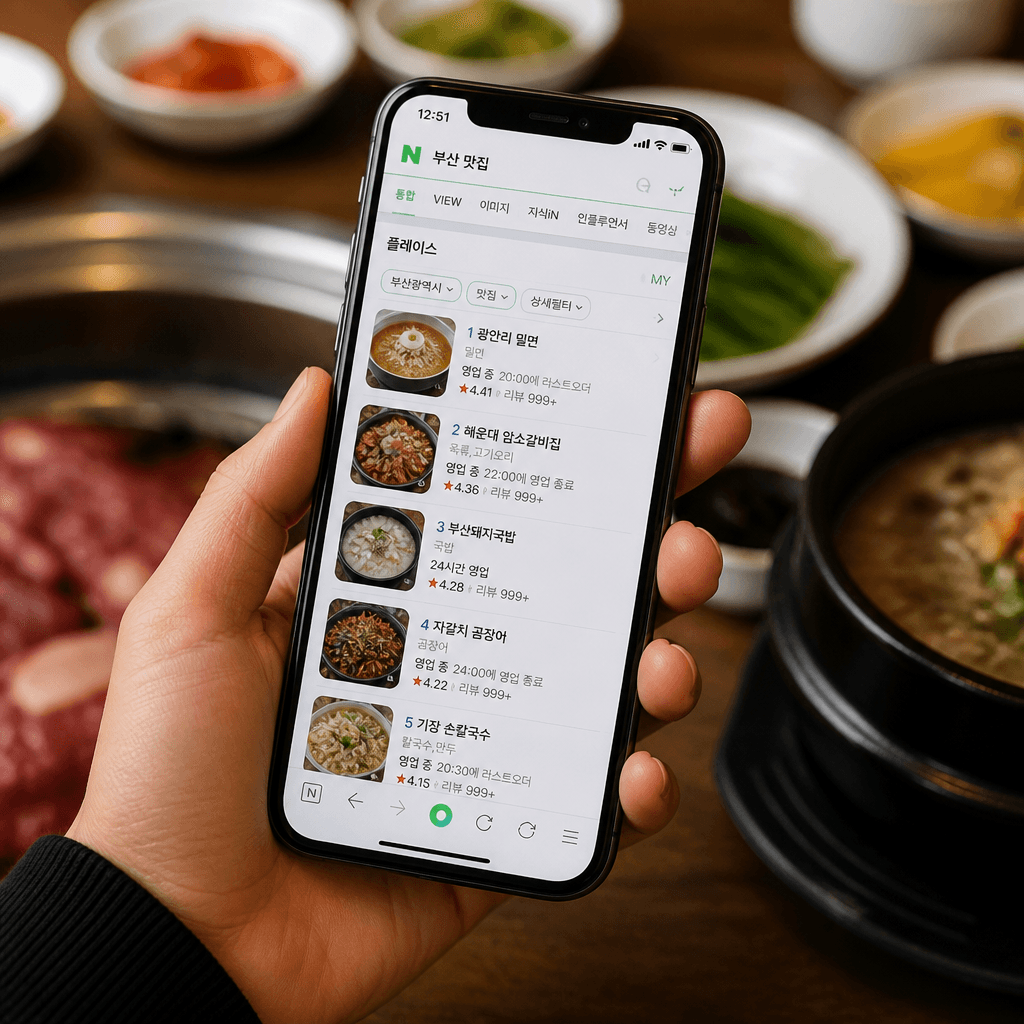 부산 식당 네이버 플레이스 1위로 표시된 모바일 앱 화면