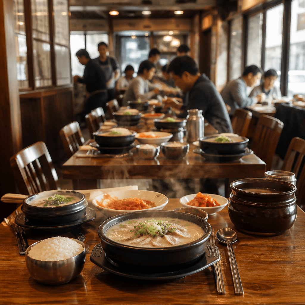 부산 돼지국밥 식당 내부 김 모락 그릇과 긴 테이블