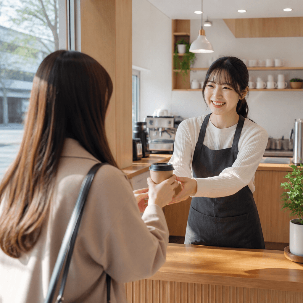 아침 손님에게 테이크아웃 커피를 빠르게 건네는 장면 (컨셉 이미지)