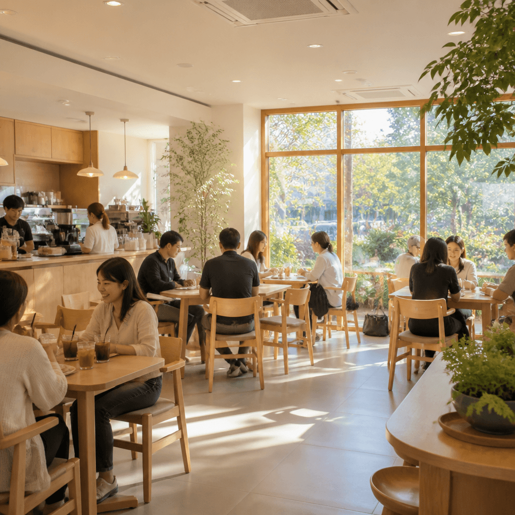 활기찬 오후 손님들로 채워진 밝은 카페 풍경 (컨셉 이미지)