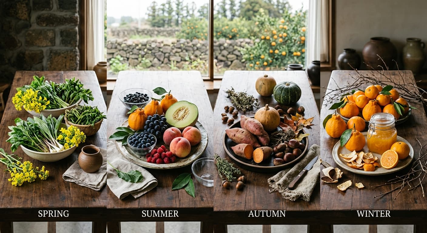 제주 사계절 식자재 · 봄나물, 여름 과일, 가을 고구마, 겨울 감귤