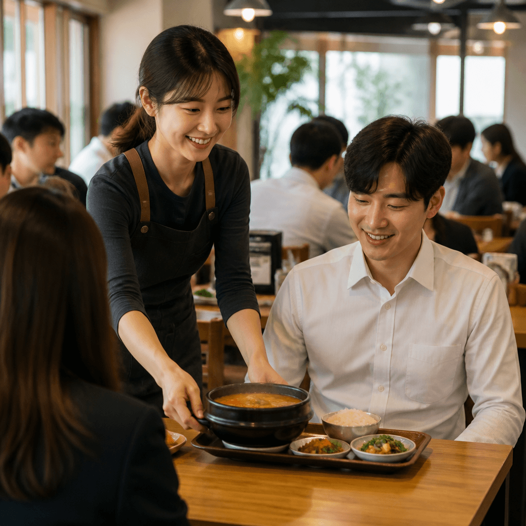 점심 특선 메뉴가 빠르게 제공되는 활기찬 홀의 모습 (컨셉 이미지)