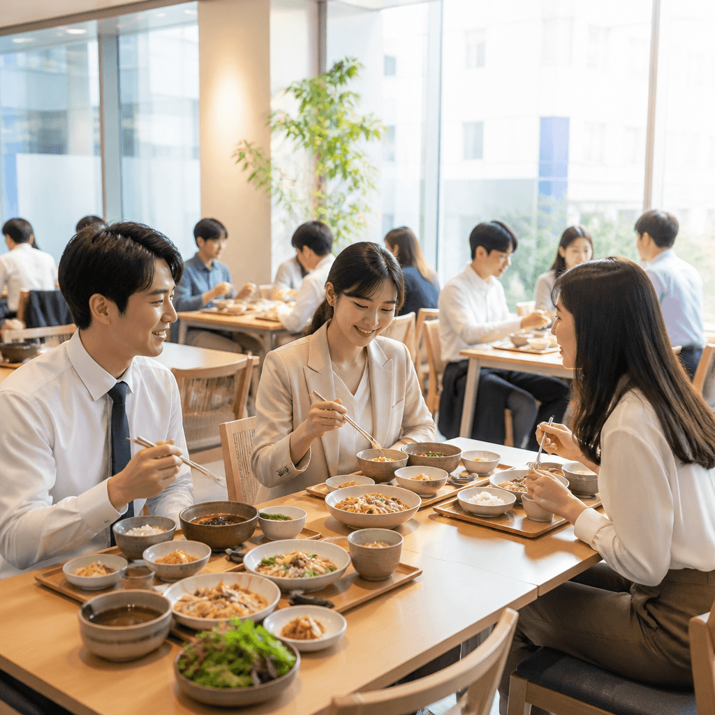 정갈하게 차려진 점심 한 상과 바쁜 직장인 손님들 (컨셉 이미지)