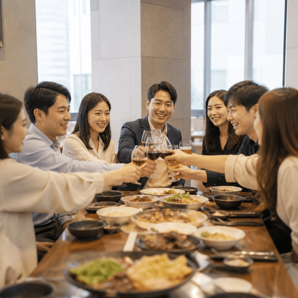 저녁 회식으로 활기찬 단체 테이블의 건배 순간 (컨셉 이미지)