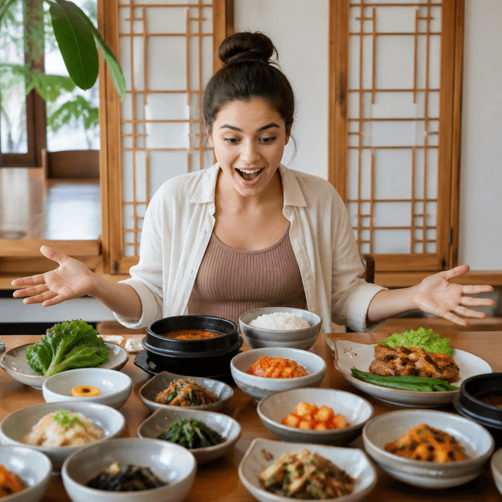 한국 상차림을 처음 마주한 여행객의 즐거운 표정 (컨셉 이미지)