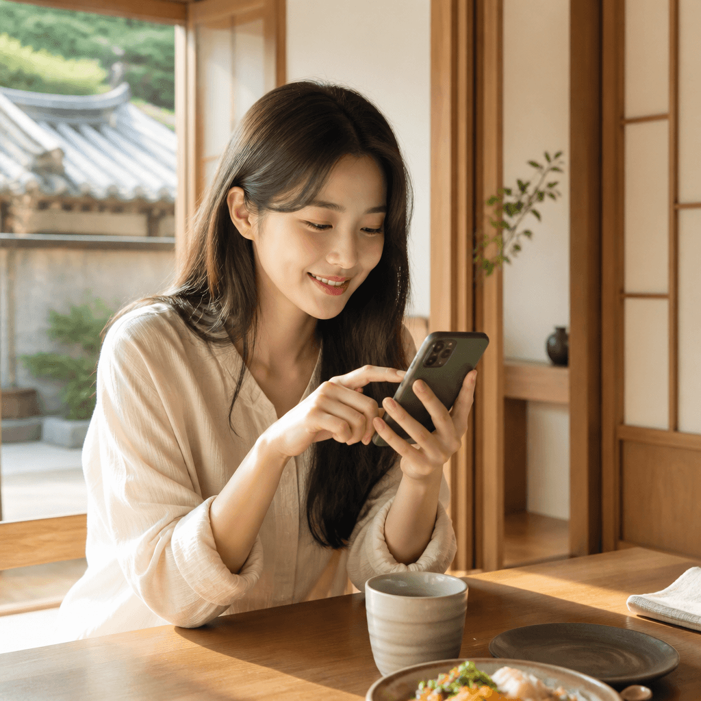 여행 중 스마트폰으로 저장해 둔 맛집 후보를 확인하는 모습 (컨셉 이미지)