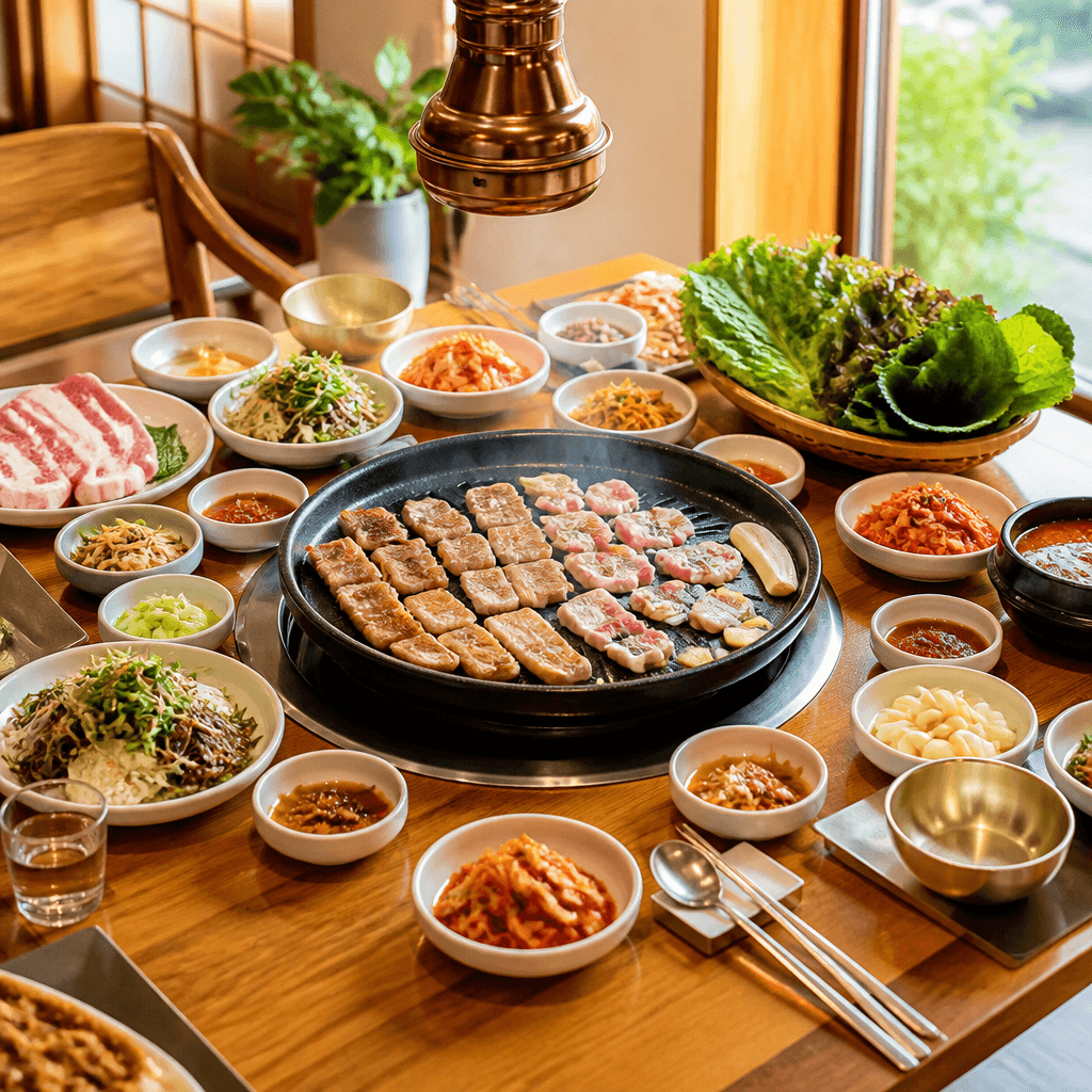 곁들이 찬과 함께 차려진 흑돼지 한 상 (컨셉 이미지)