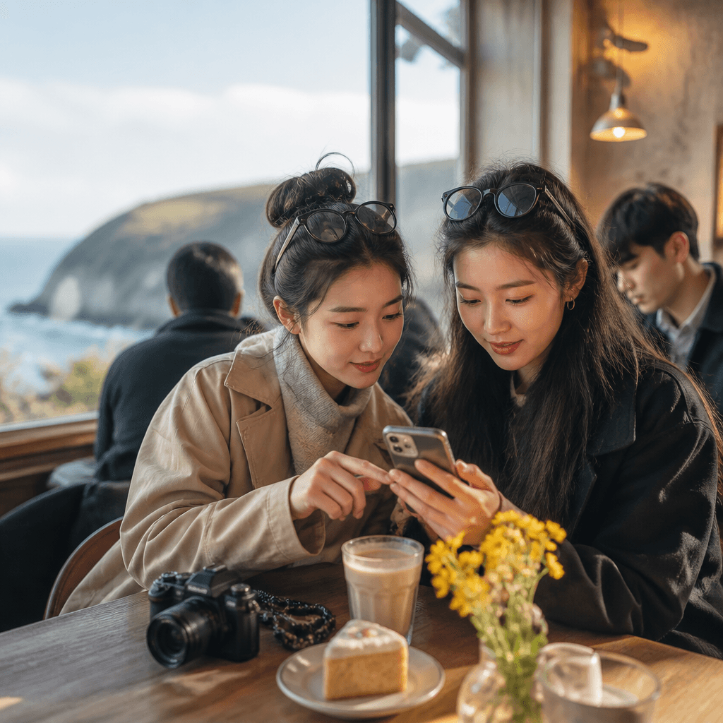 제주 카페에서 샤오홍슈 앱으로 매장 찾는 중국인 관광객