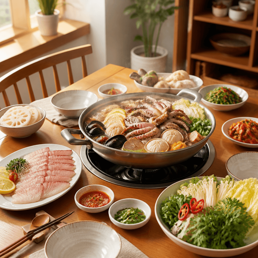 겨울 제철 해산물이 차려진 따뜻한 저녁 상차림 (컨셉 이미지)