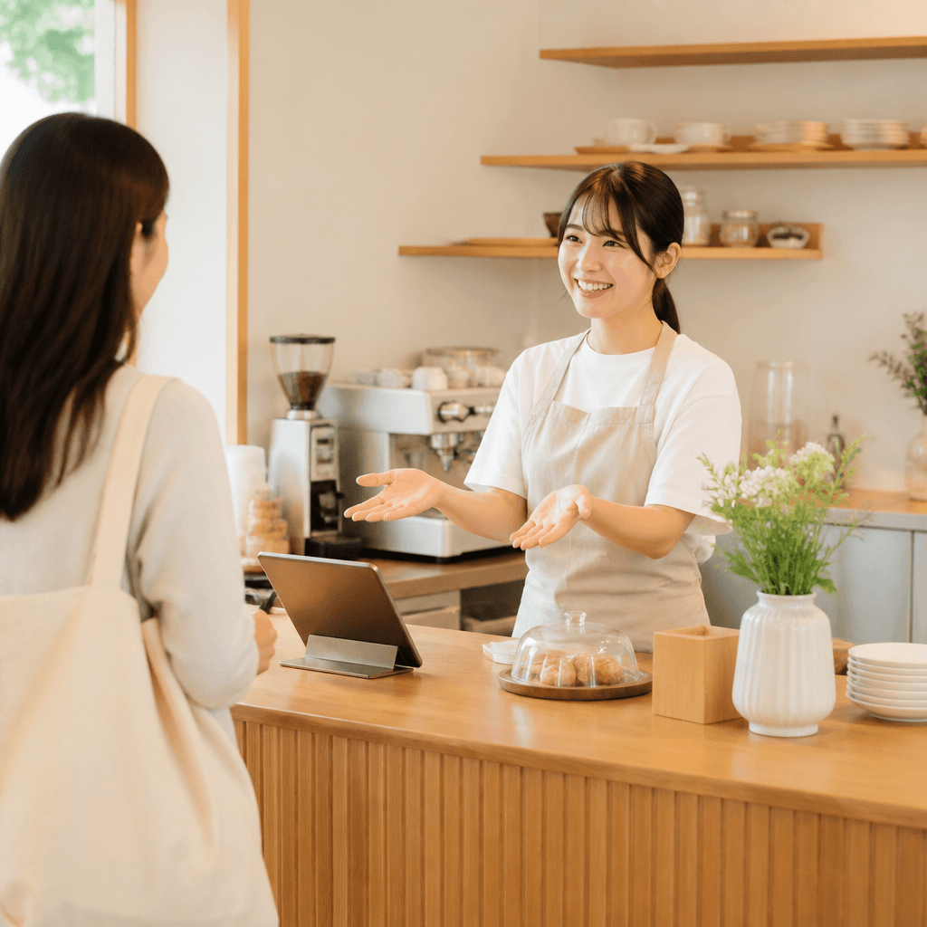 오픈 첫 주 손님을 맞이하는 활기찬 카페 카운터 (컨셉 이미지)
