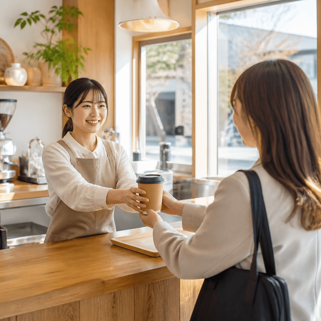 아침 출근길 손님에게 커피를 건네는 따뜻한 순간 (컨셉 이미지)