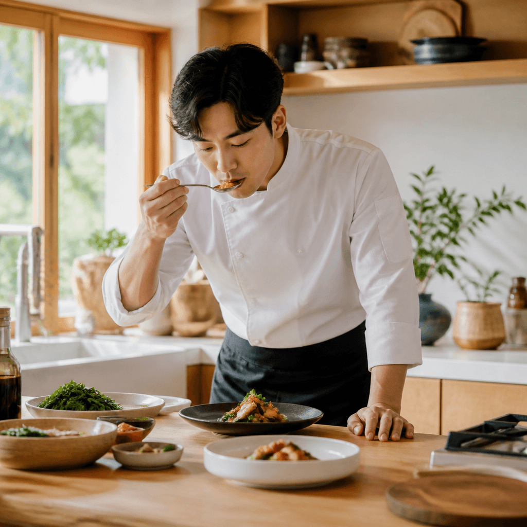 메뉴 개발 시식 중인 주방의 밝은 모습과 기록용 스마트폰 (컨셉 이미지)