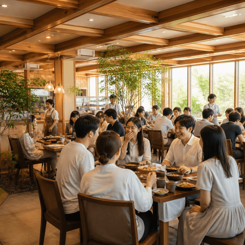 오픈 첫 주 손님을 맞는 활기찬 식당 홀의 밝은 풍경 (컨셉 이미지)