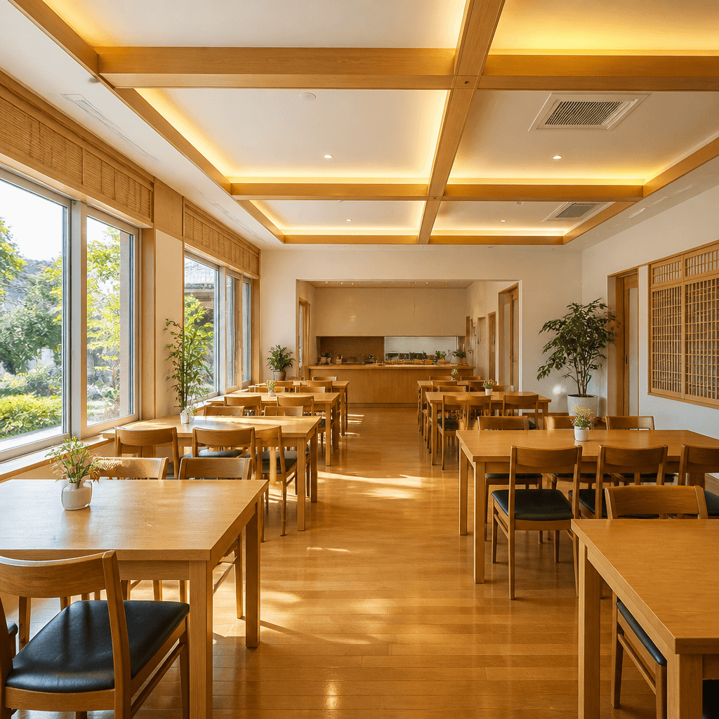 첫 주를 마친 저녁 정돈된 홀의 따뜻한 조명 (컨셉 이미지)