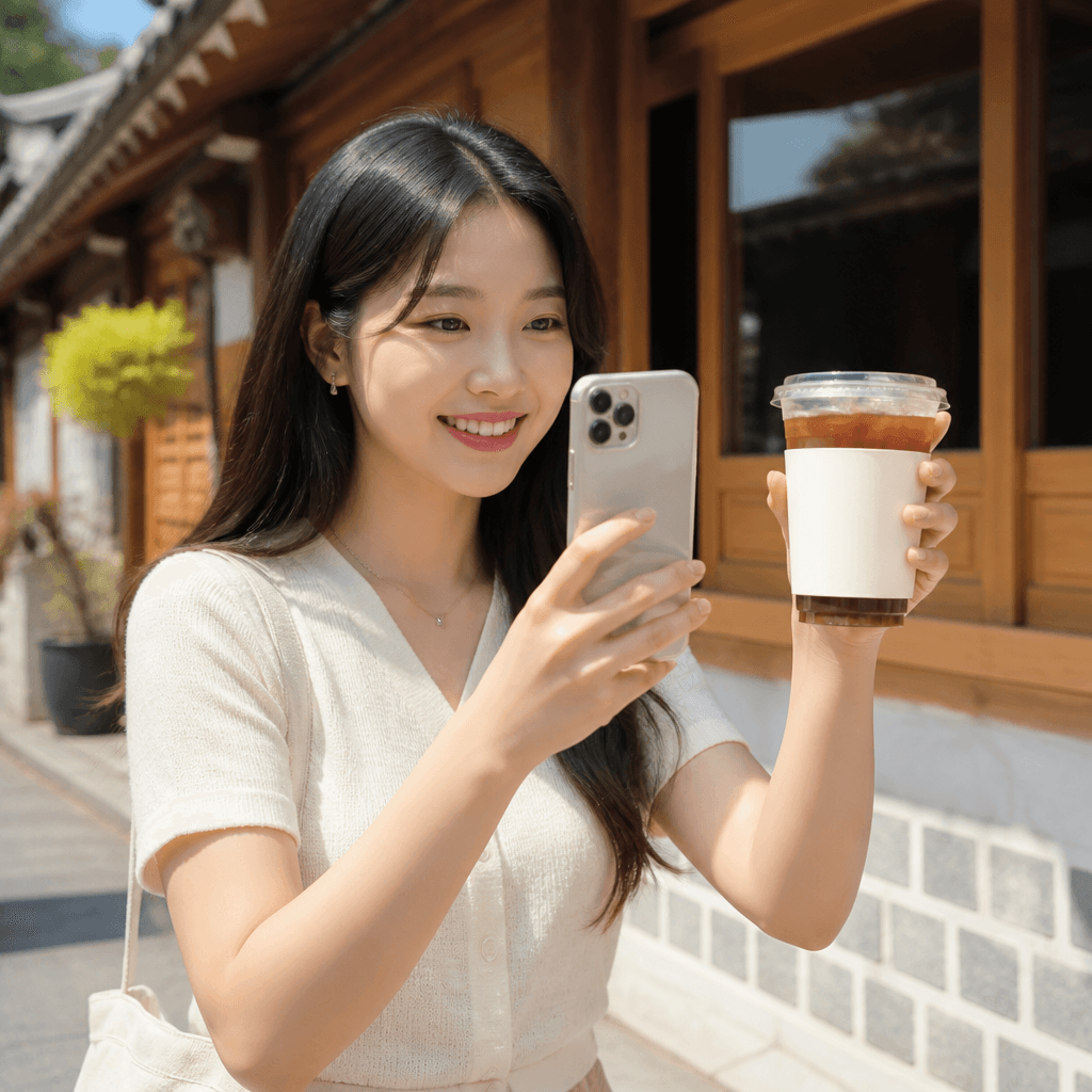 햇살 드는 거리에서 손님이 무지 테이크아웃 컵을 들고 사진을 찍는 장면 (컨셉 이미지)
