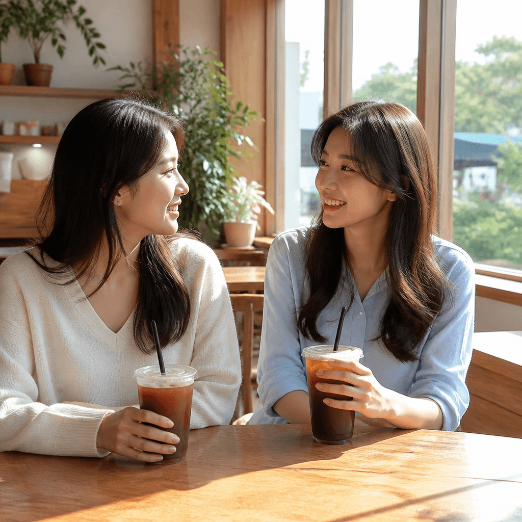 카페 창가 자리에서 손님들이 음료 컵을 앞에 두고 웃으며 대화하는 밝은 오후 (컨셉 이미지)