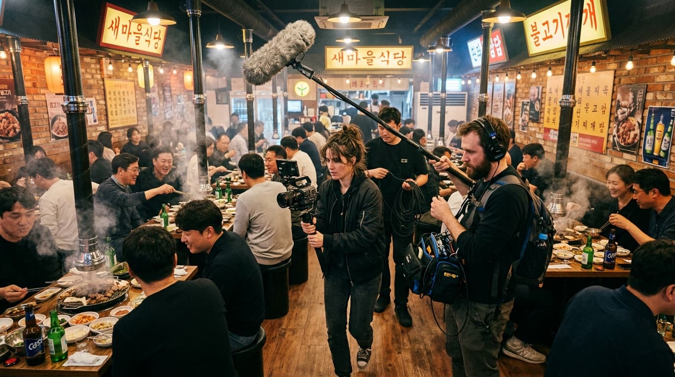 식당 피크타임에 흑돼지 BBQ 시즐 컷을 촬영하는 AI제주 PD · 만석 컷이 핫플 신호