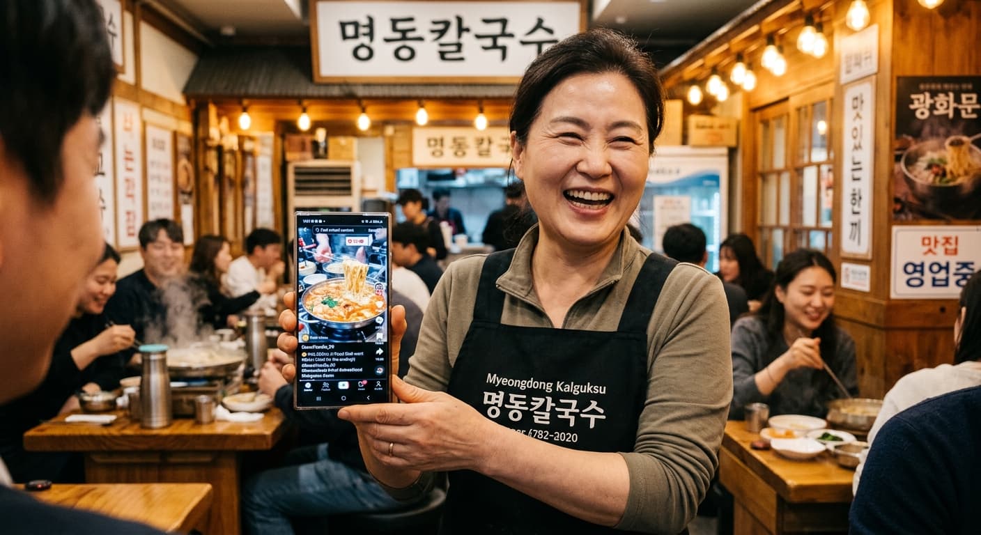 바이럴 음식점 숏폼 결과를 확인하는 매장 사장님 · ROI 누적 사례