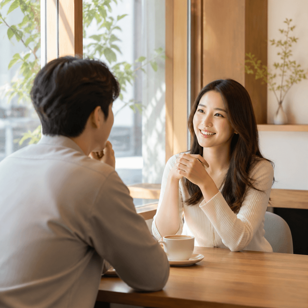 밝은 카페 한켠에서 커피를 두고 다음 분기를 의논하는 모습 (컨셉 이미지)