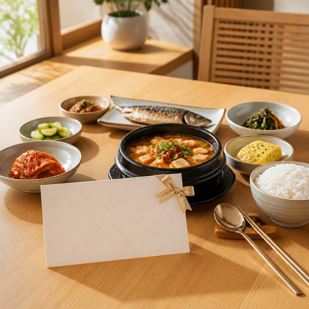 테이블에 놓인 재방문 쿠폰과 정갈한 상차림 (컨셉 이미지)
