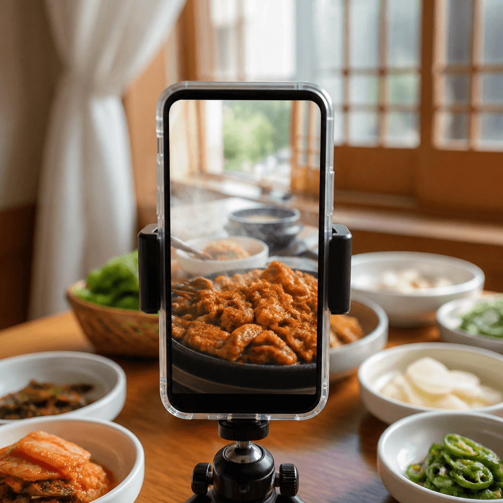삼각대에 고정한 스마트폰으로 음식 세로 영상을 촬영하는 장면 (컨셉 이미지)
