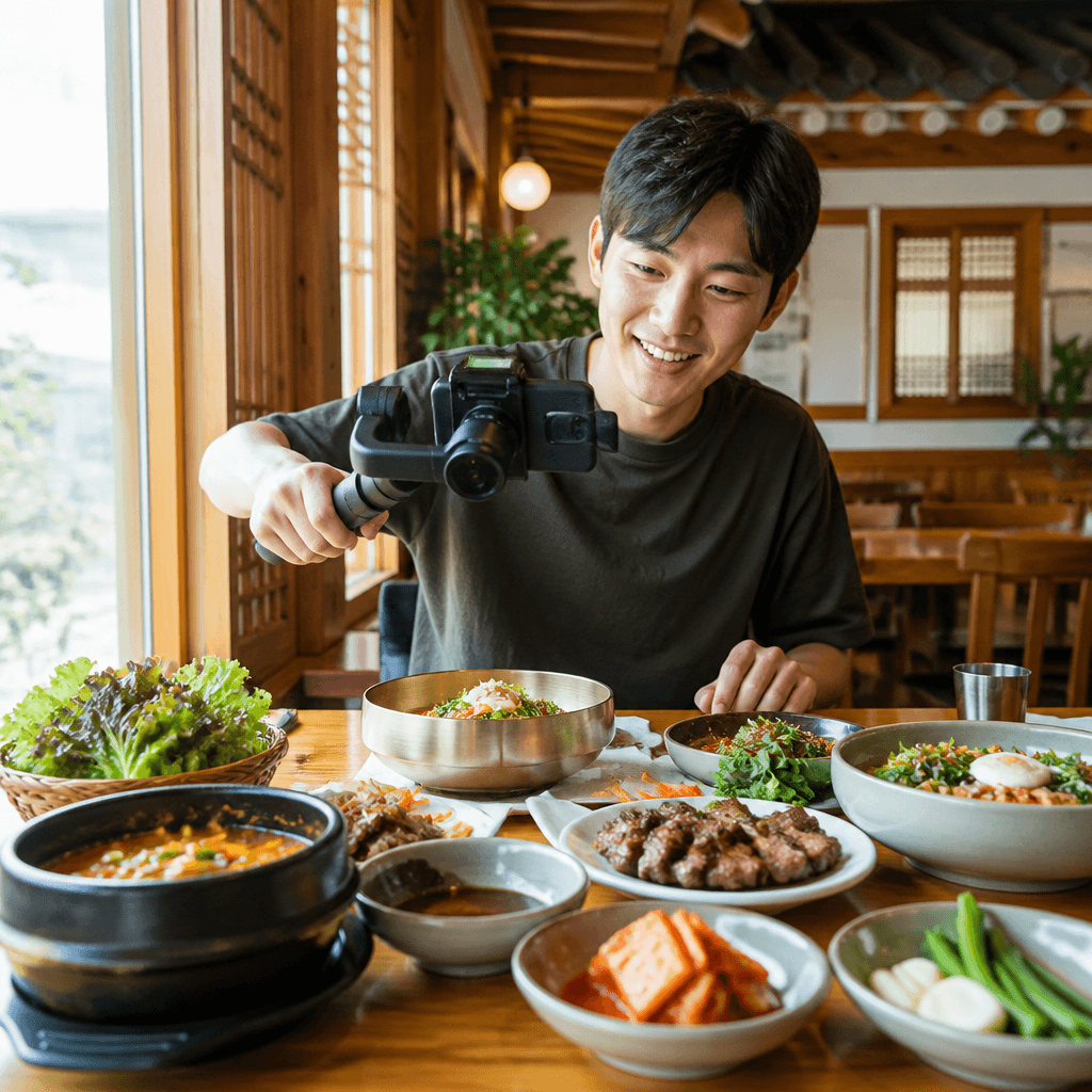 짐벌 카메라로 식당 음식 릴스 영상을 촬영하는 모습 (컨셉 이미지)