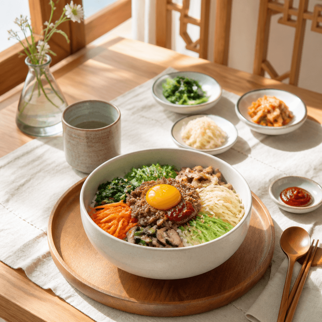 밝은 자연광에서 촬영된 정갈한 음식 사진의 준비 장면 (컨셉 이미지)