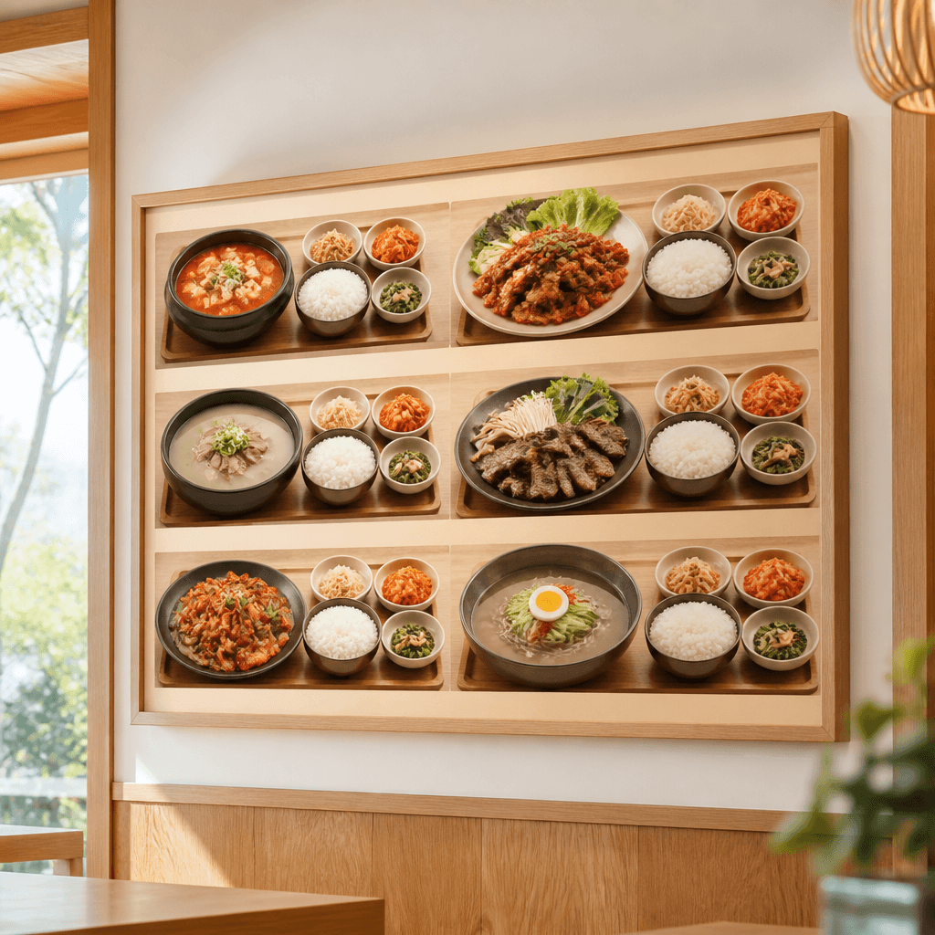세트 구성이 보기 좋게 정리된 메뉴판과 상차림 (컨셉 이미지)