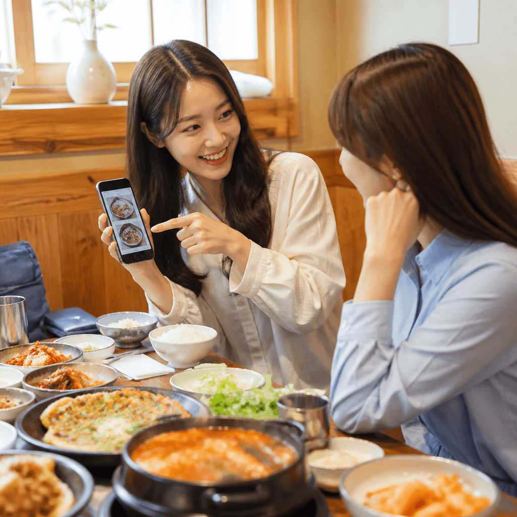 일행에게 음식 사진을 보여주며 매장을 추천하는 모습 (컨셉 이미지)
