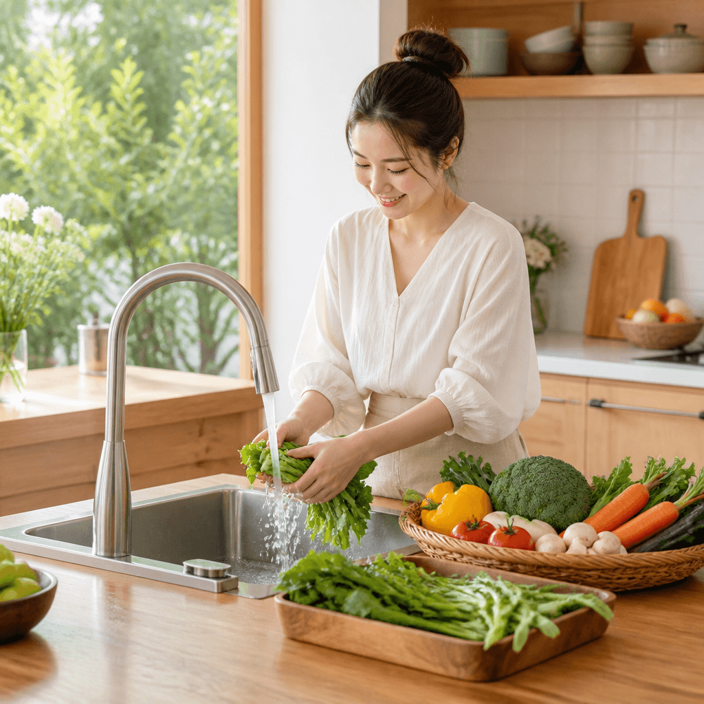 계절 재료를 손질하는 주방의 활기찬 아침 풍경 (컨셉 이미지)