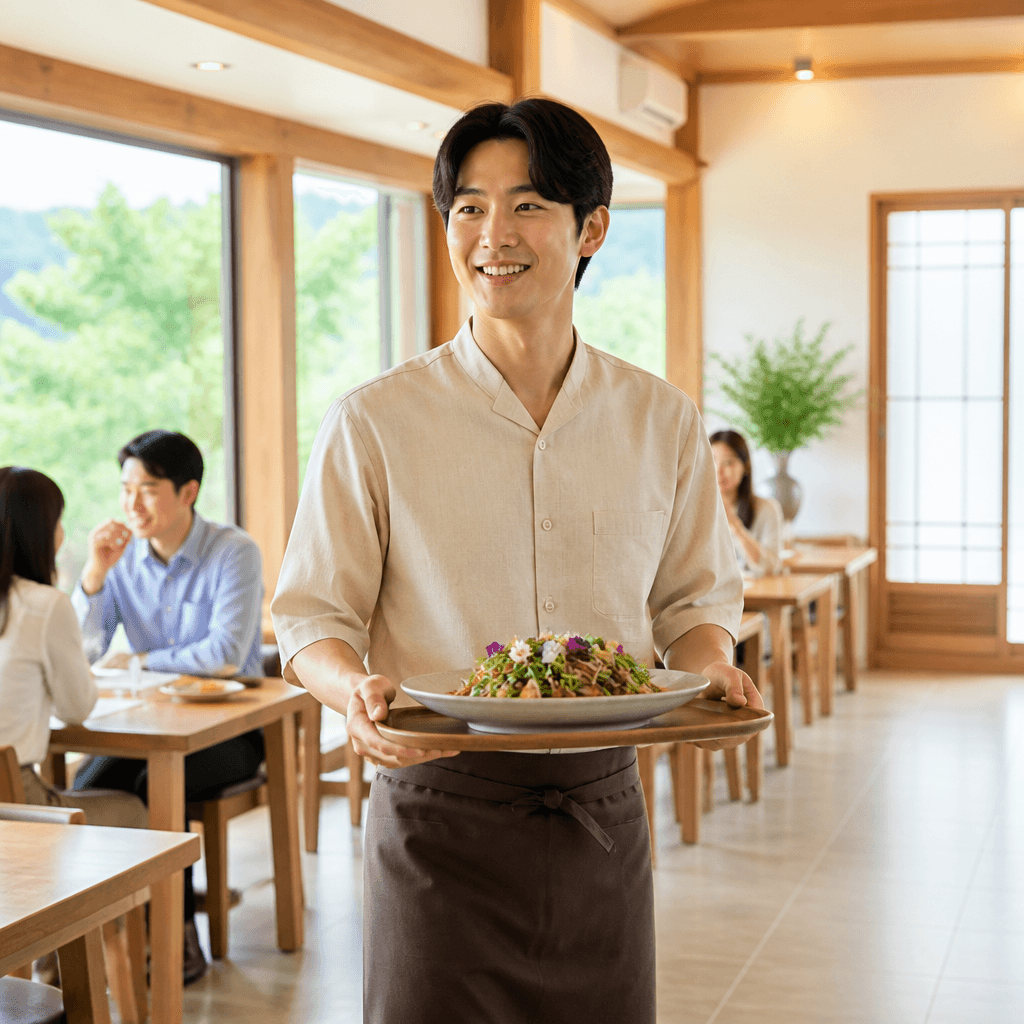 완성된 시즌 메뉴를 서빙하는 밝은 홀의 장면 (컨셉 이미지)