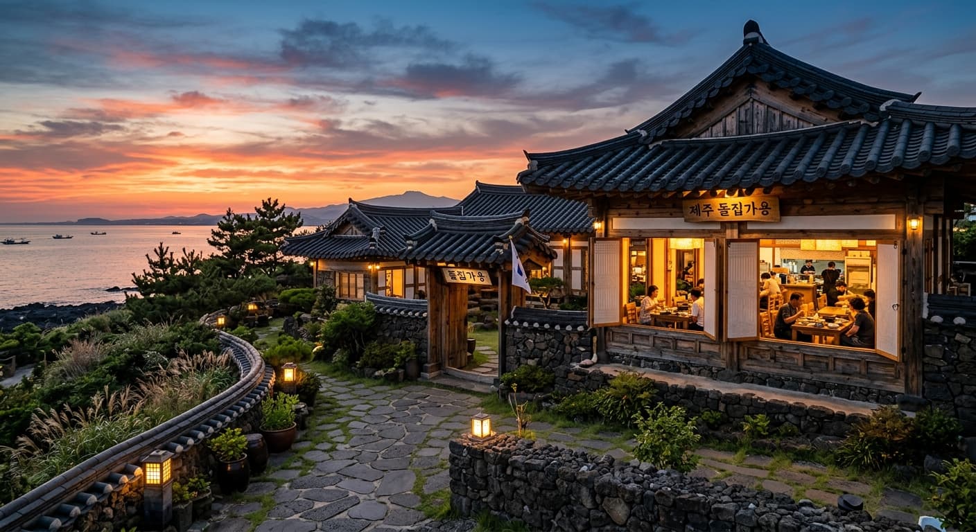제주 음식점 외관 야경 · 자연 배경 컷이 강한 지역 특화 촬영