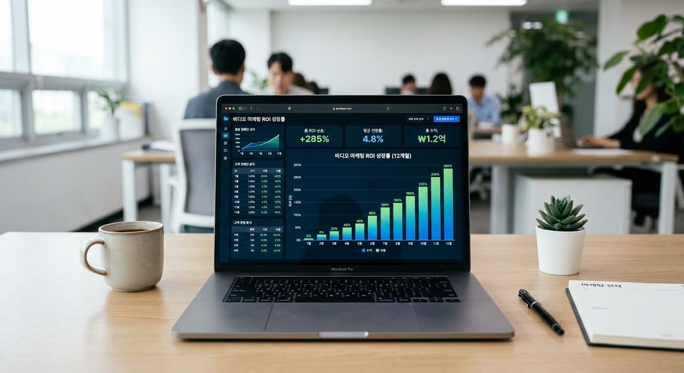 음식점 영상 마케팅 12개월 ROI 차트 · 누적 노출 그래프