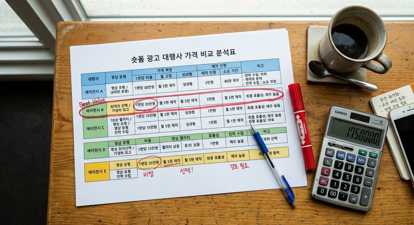 대행사별 견적 비교 스프레드시트 · 색상 구분 분석