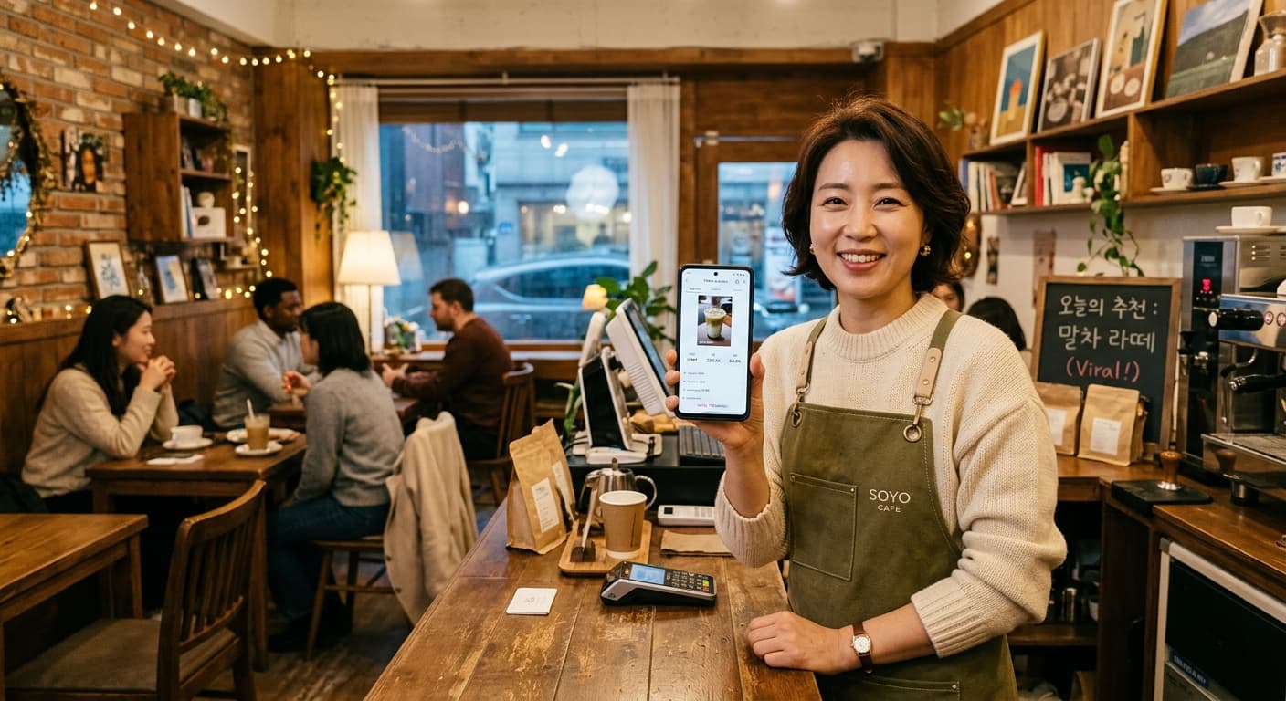 바이럴 숏폼 결과를 확인하는 카페 사장님 · 실제 매장 ROI 누적 사례