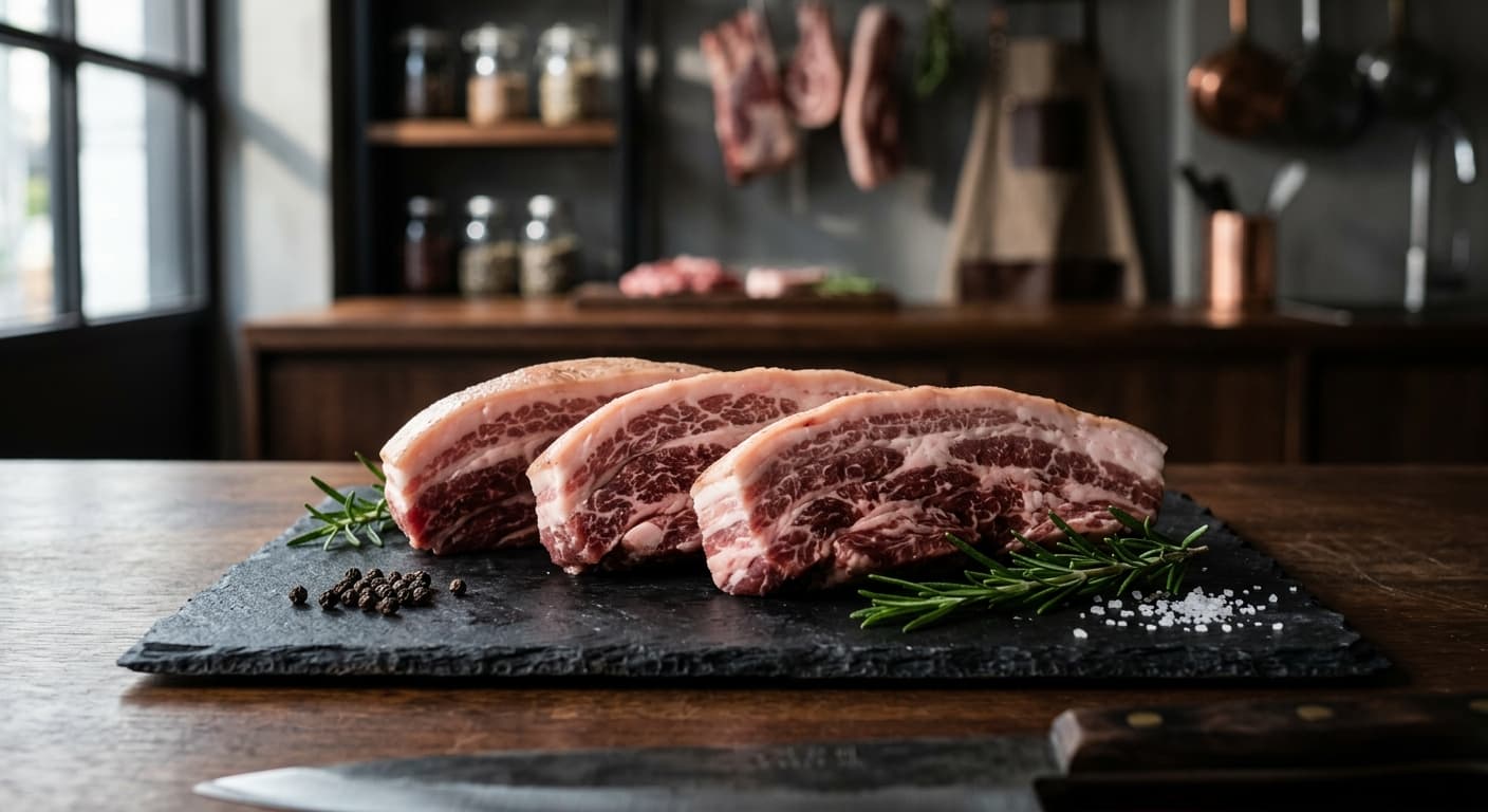 프리미엄 제주 흑돼지 삼겹살 원육, 슬레이트 도마 위