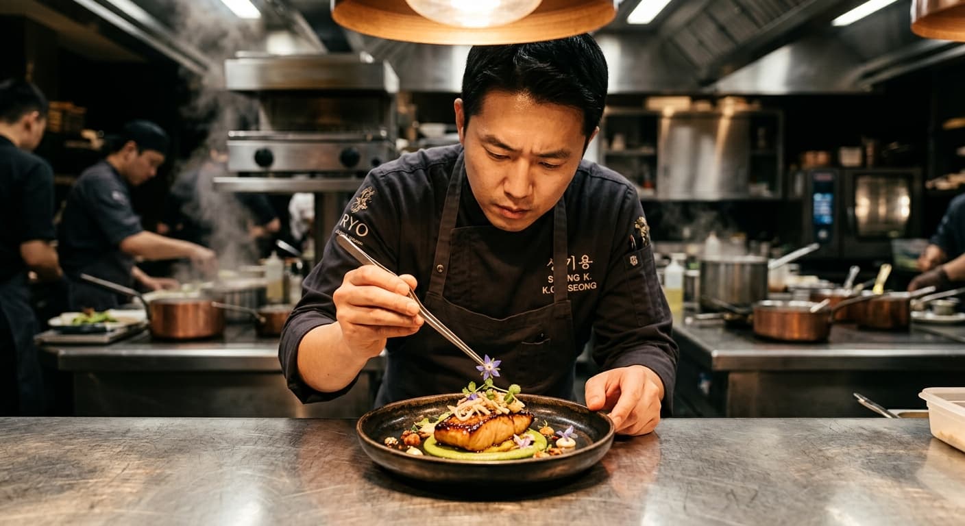 셰프가 집중하여 접시에 가니시를 올리는 장면