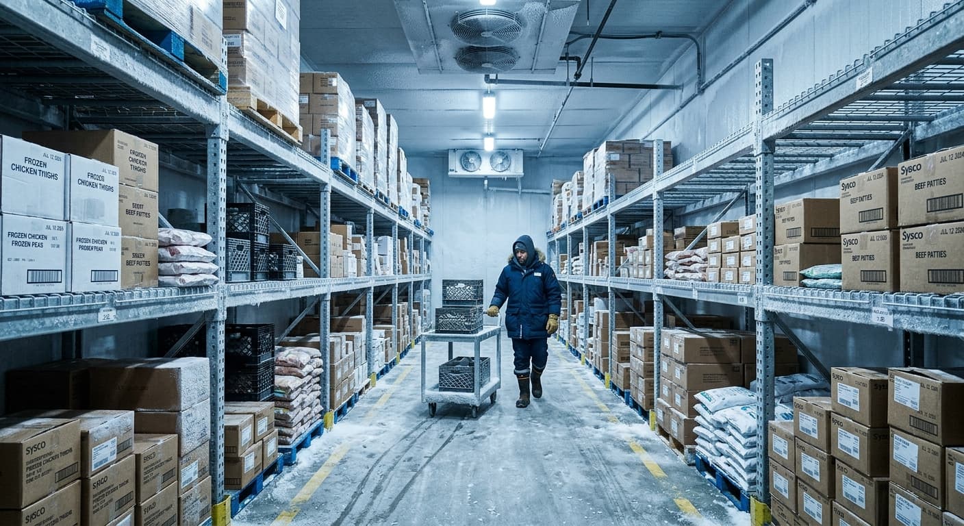 상업용 냉장창고 내부, 선반에 정돈된 식자재