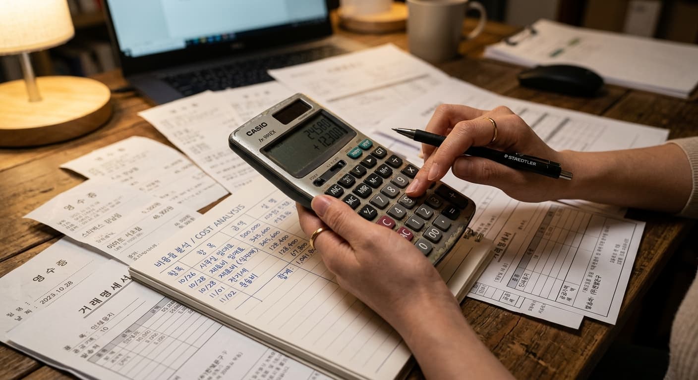 계산기와 원가 분석 노트 위에 영수증이 펼쳐진 책상
