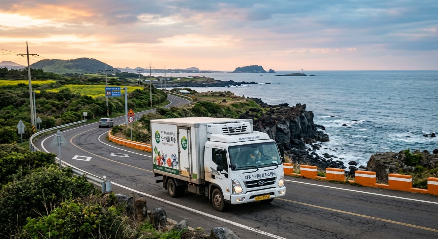 해안도로를 달리는 냉장 배송 트럭